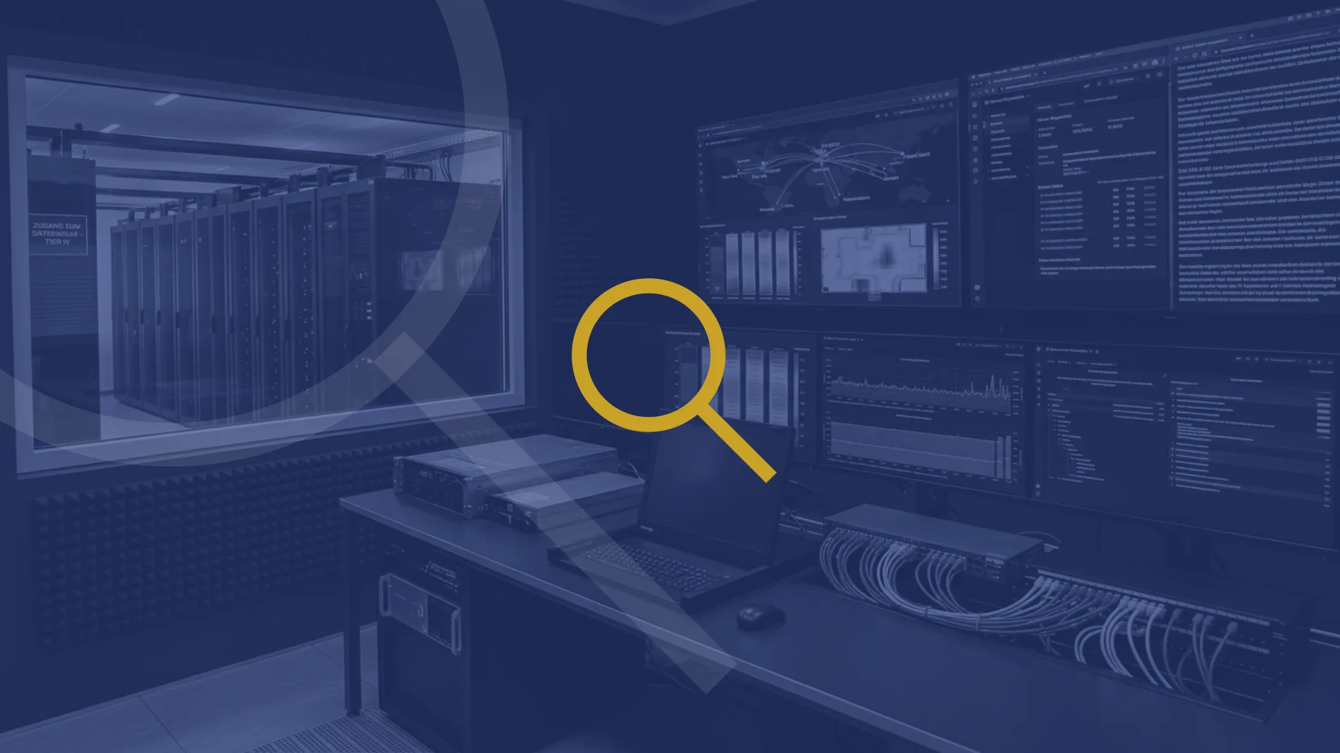 Blau eingefärbter Serverraum mit Überwachungsmonitoren und goldener Lupe – woran Sie erkennen, ob Ihr Unternehmen digital souverän ist