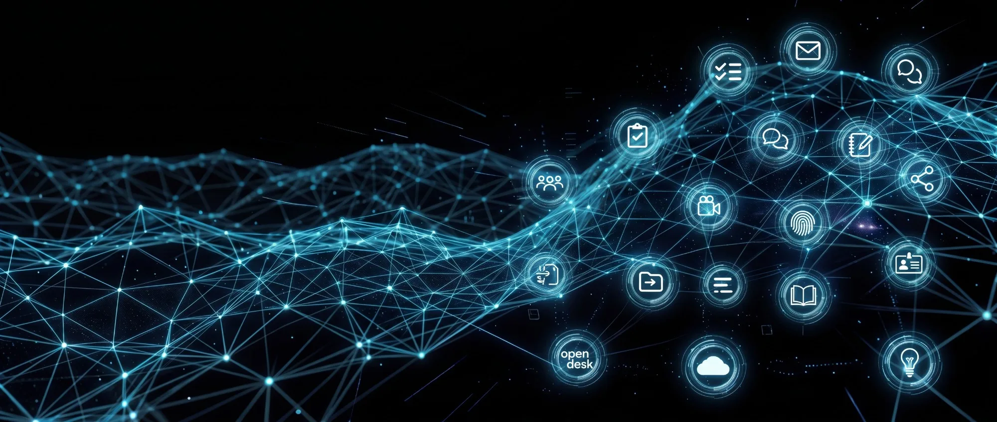 Leuchtendes Netzwerk aus Knoten und Linien mit Symbolen für E-Mail, Chat, Dokumente, Video und Cloud – digitale Souveränität für Unternehmen